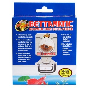 Blue BettaMatic box for an automatic daily Betta feeder, showing the feeder device and a betta fish.