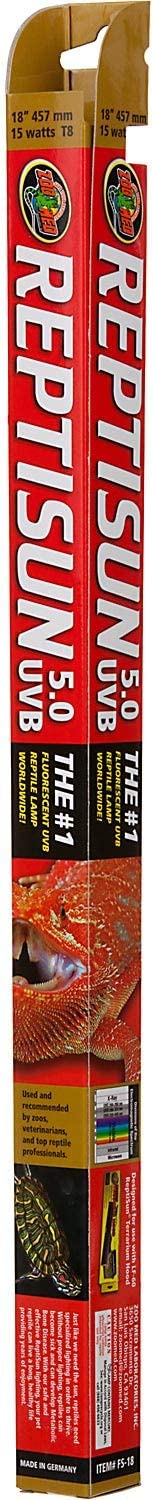 Two red REPTISUN 5.0 UVB reptile lamp boxes, showing 18" length, 15W, colorful label and turtle image.