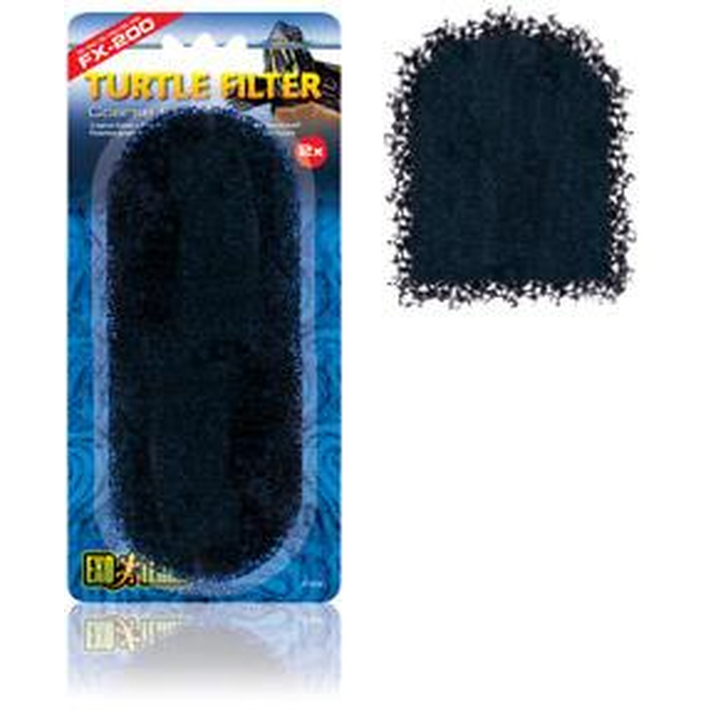 Turtle Filter packaging featuring a dark rectangular sponge and a separate dark textured swatch.