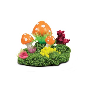 Small orange mushrooms with white spots on a mossy green base, surrounded by yellow and pink coral-like plants.