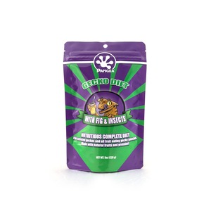 Purple pouch of Pangea Gecko Diet with Fig & Insects; cartoon gecko logo and bright green radial design.