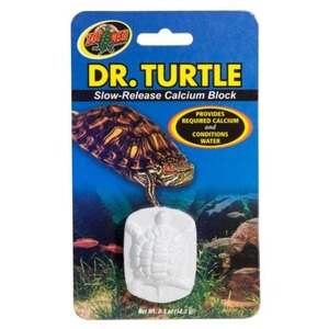 Dr. Turtle slow-release calcium block on blue packaging with turtle illustration.