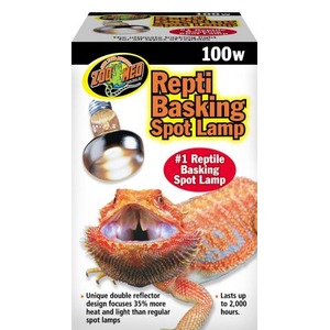 Zoo Med Repti Basking Spot Lamp 100w packaging featuring a basking lizard and bold red label.