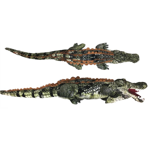 Two crocodile-like creatures with mosaic scales and brown dorsal plates, mouths open.