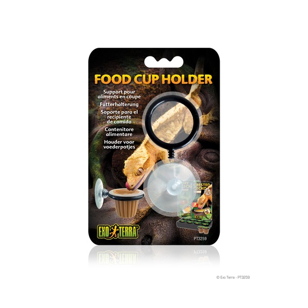 Food cup holder for reptiles with a circular ring and cup, on a dark textured background.