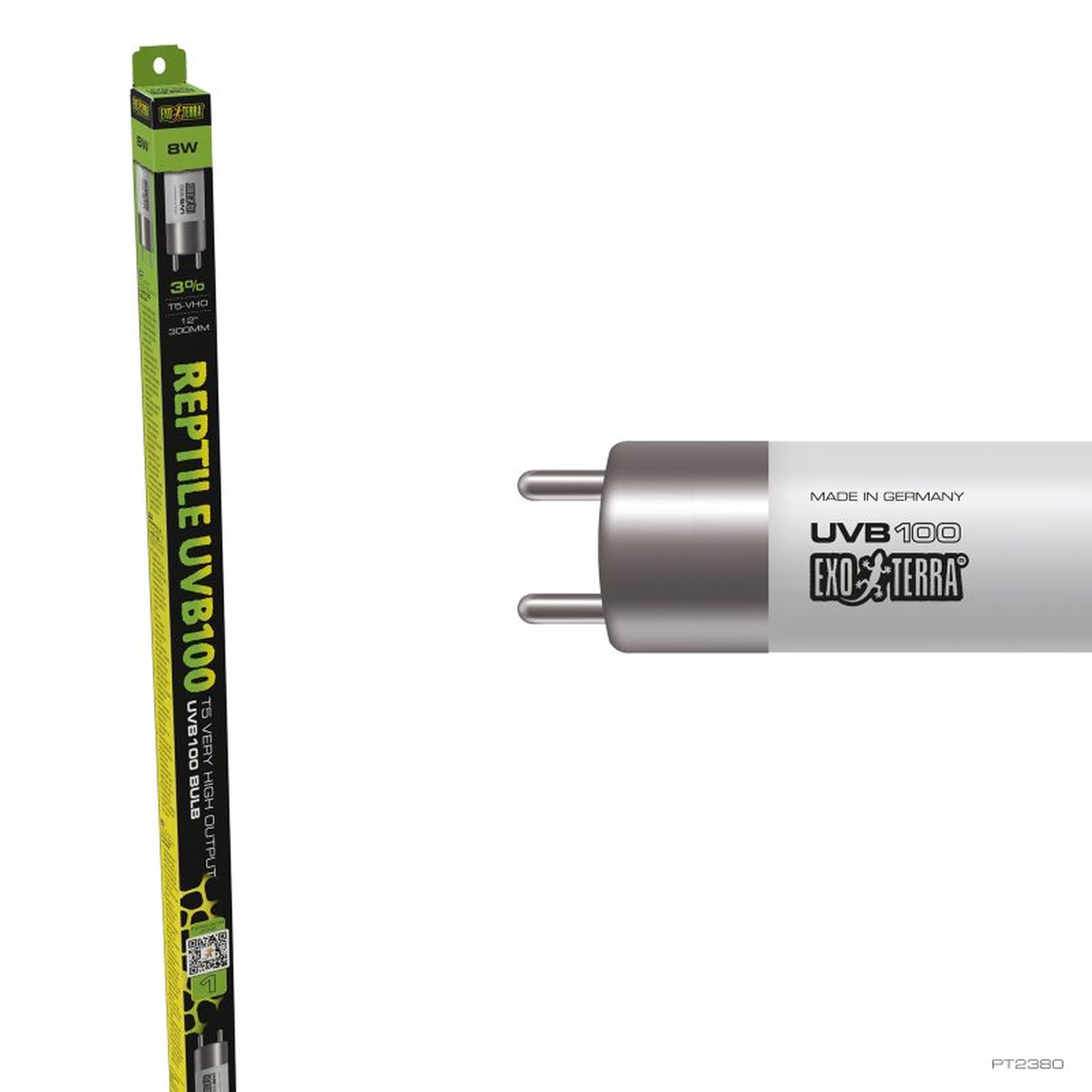 Reptile UVB100 packaging stands vertically on the left; to the right, a grey UVB lamp tube with a two-prong plug.