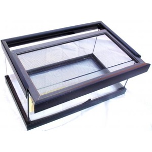 Rectangular black metal-framed glass display case with a hinged top and elevated base.