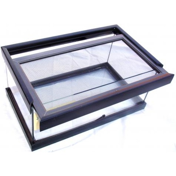 Rectangular black metal-framed glass display case with a hinged top and elevated base.