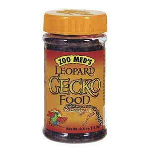 Jar of Zoo Med's Leopard Gecko Food with orange lid and gecko image on label.