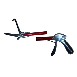 Pair of metal hand tools with red handles resembling pruning shears.