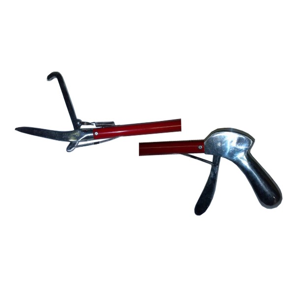 Pair of metal hand tools with red handles resembling pruning shears.