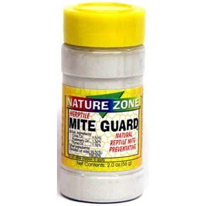 White plastic bottle with a yellow cap labeled Nature Zone Mite Guard, a natural reptile preventive.