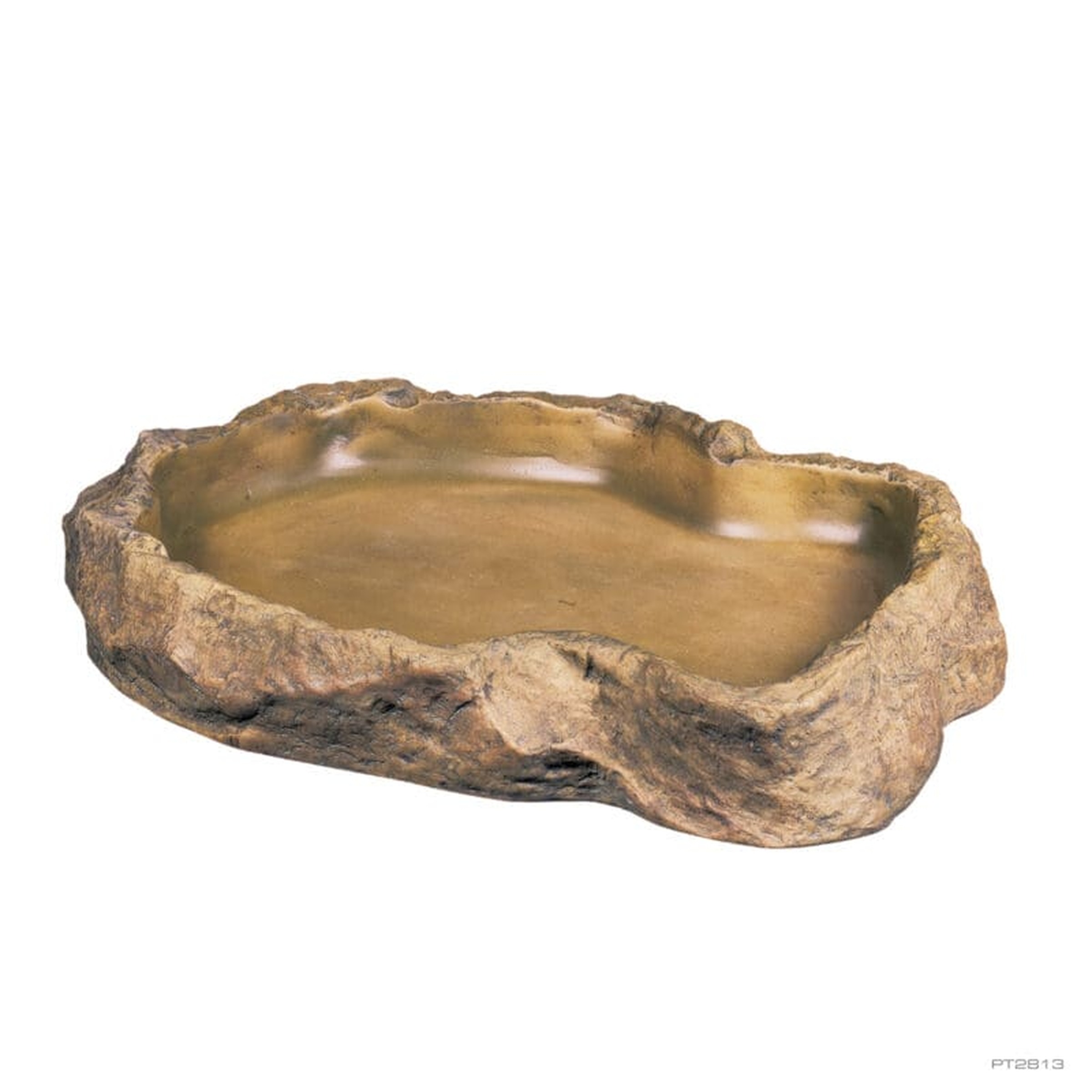 Irregular brown stone bowl with a smooth, shallow interior carved into rock.