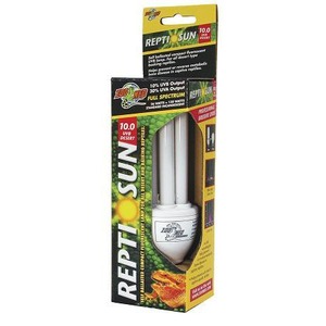 ReptiSun fluorescent UVB lamp packaging with a white bulb visible inside.