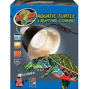 Zoo Med Aquatic Turtle Lighting Combo box showing a hanging lamp and a green turtle.