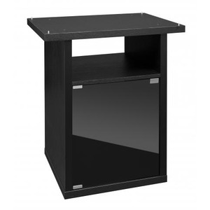 Black wooden podium with a top surface, open middle shelf, and a glass-front lower panel.