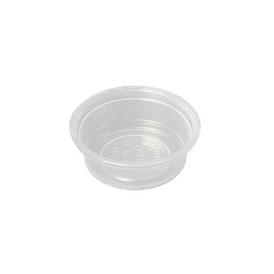 Clear plastic shallow round container.