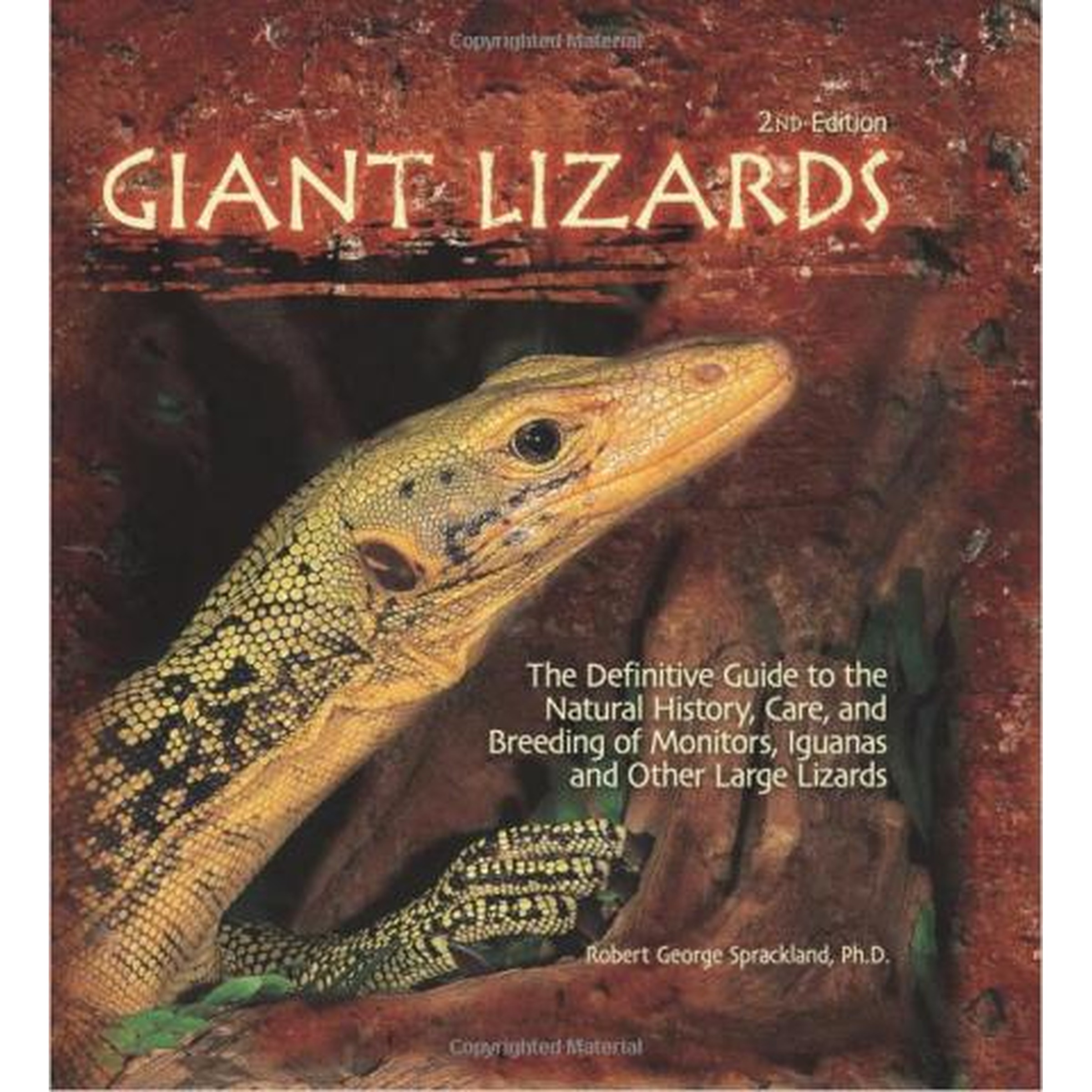 Cover of Giant Lizards featuring a close-up yellow-green lizard head against a red rock background.