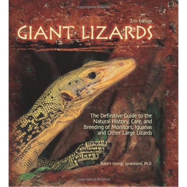 Cover of Giant Lizards featuring a close-up yellow-green lizard head against a red rock background.