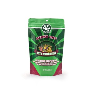 Green resealable pouch of Pangea Gecko Diet with Watermelon, featuring a cartoon gecko holding a drink.