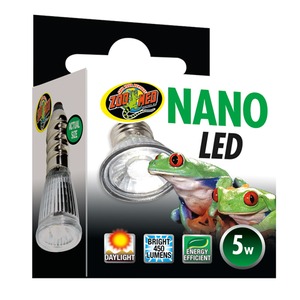 Zoo Med Nano LED bulb packaging with two red-hearted tree frogs, 5W and daylight 450 lumens labels.