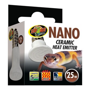 Nano Ceramic Heat Emitter packaging with a light bulb image, a cartoon lizard, and heat/energy icons.