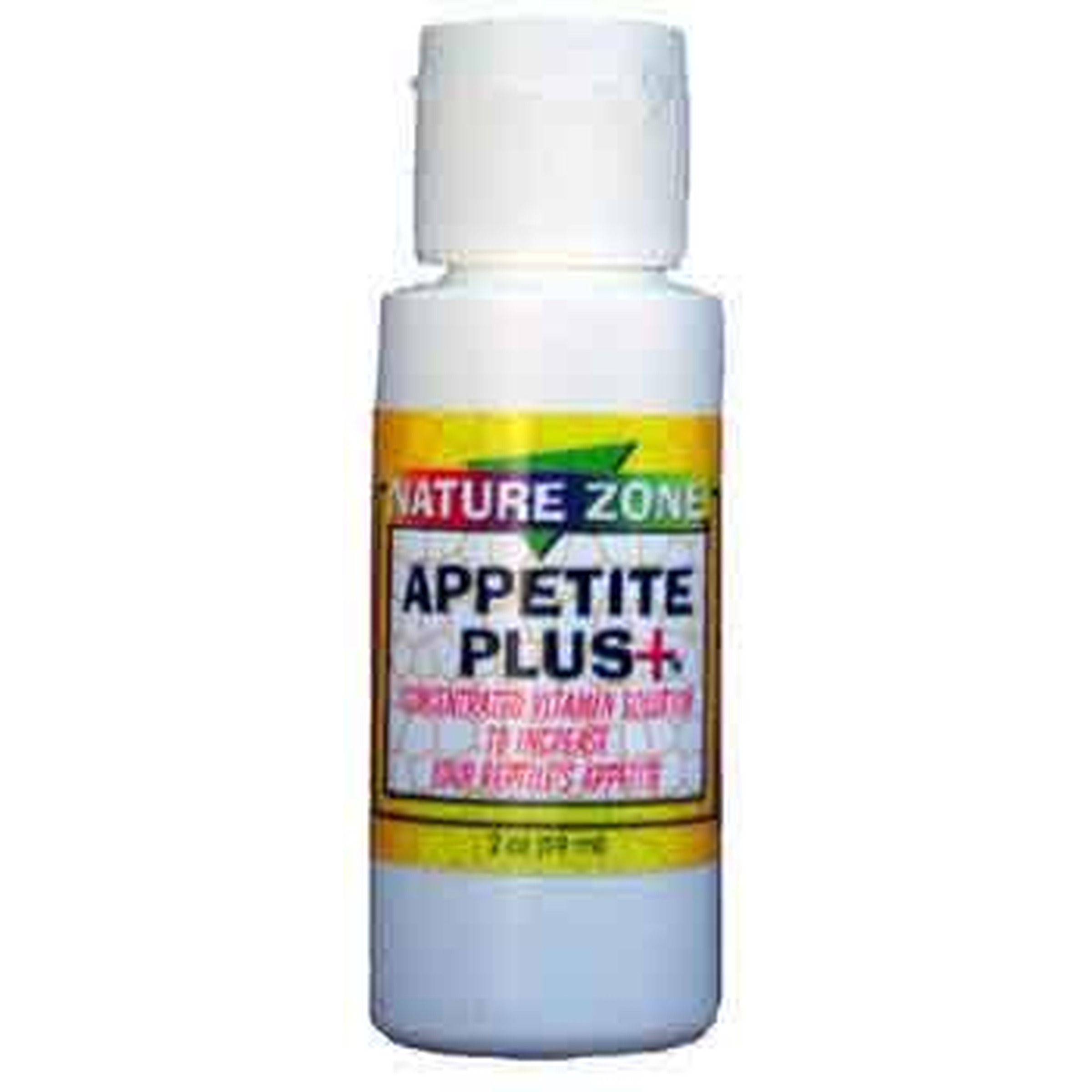 White bottle labeled Nature Zone Appetite Plus+ dietary supplement with a yellow band.