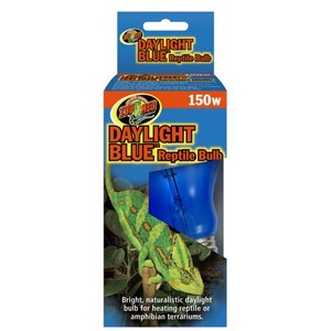 Daylight Blue Reptile Bulb packaging, 150W, with a blue bulb and green lizards among foliage.