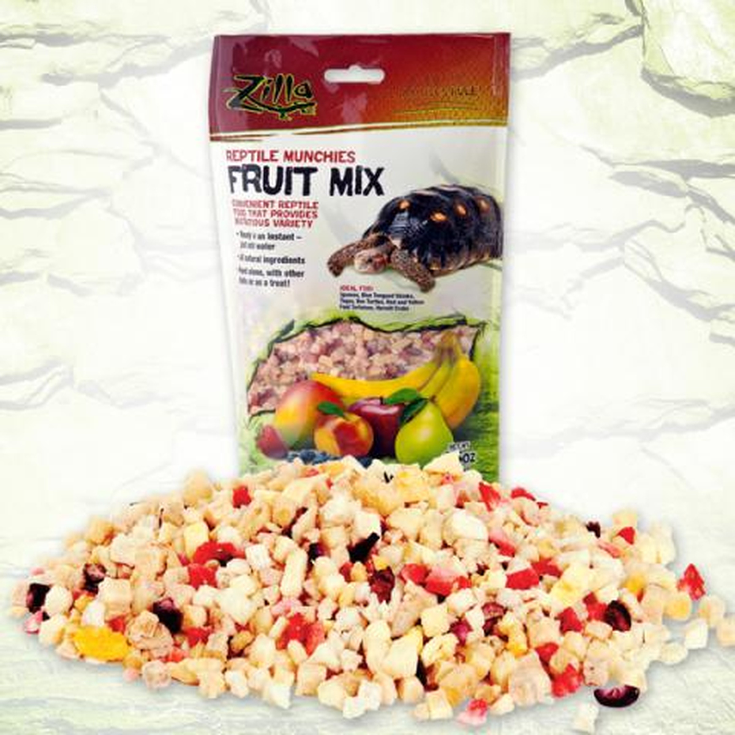 Bag of reptile fruit mix kibble behind a mound of diced fruit-flavored pellets.