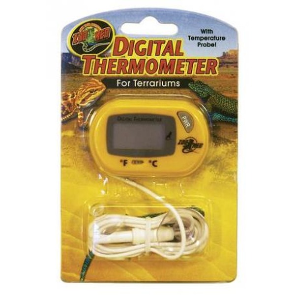 Yellow digital thermometer for terrariums in blister packaging with probe and white cord.