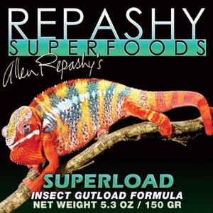 Bright rainbow gecko perched on a branch with Repashy Superfoods branding and the word “SUPERLOAD” on the label.
