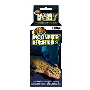 Moonlite Reptile Bulb packaging shows a yellow-spotted lizard, 100W, for viewing and heating nocturnal reptiles and amphibians.