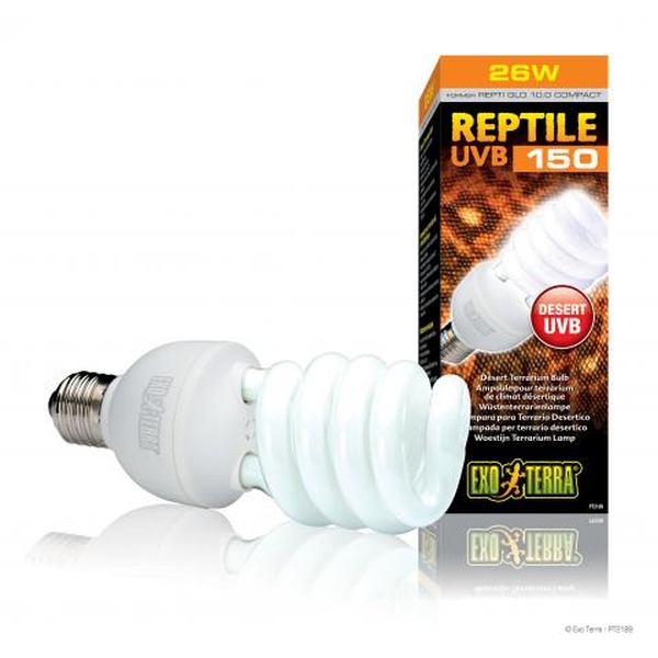 Reptile UVB 150 compact fluorescent bulb with screw base beside its packaging labeled 26W Desert UVB.
