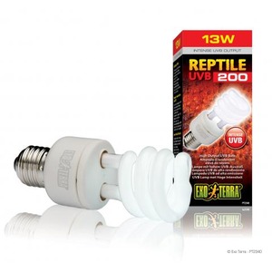 Compact spiral UVB reptile bulb with white base, shown beside a red‑and‑black 13W Reptile UVB 200 box.