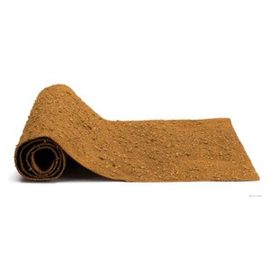 Rolled brown textured doormat partially unrolled, with rough, fibrous surface.