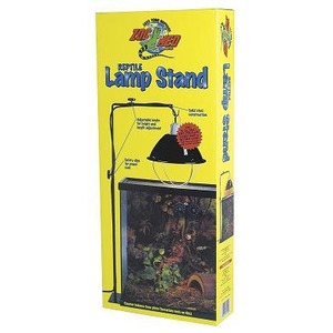 Yellow box packaging for a lamp stand featuring a black overhead lamp over an aquarium scene.