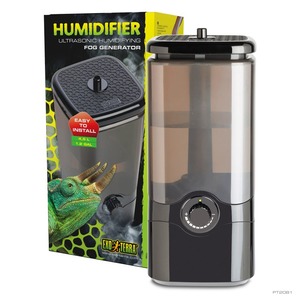 Humidifier fog generator with adjustable dial, shown next to its packaging featuring a green lizard.