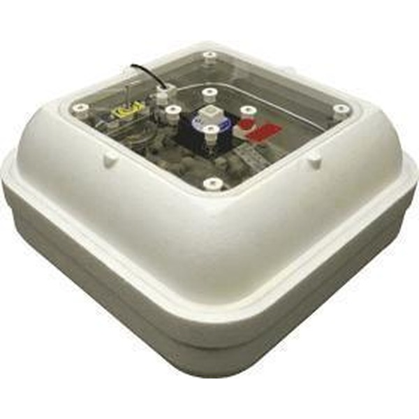 Grey plastic electrical junction box with transparent lid revealing terminal blocks and wires.