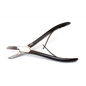 Black-handled cuticle nipper with curved stainless steel blades on white background.