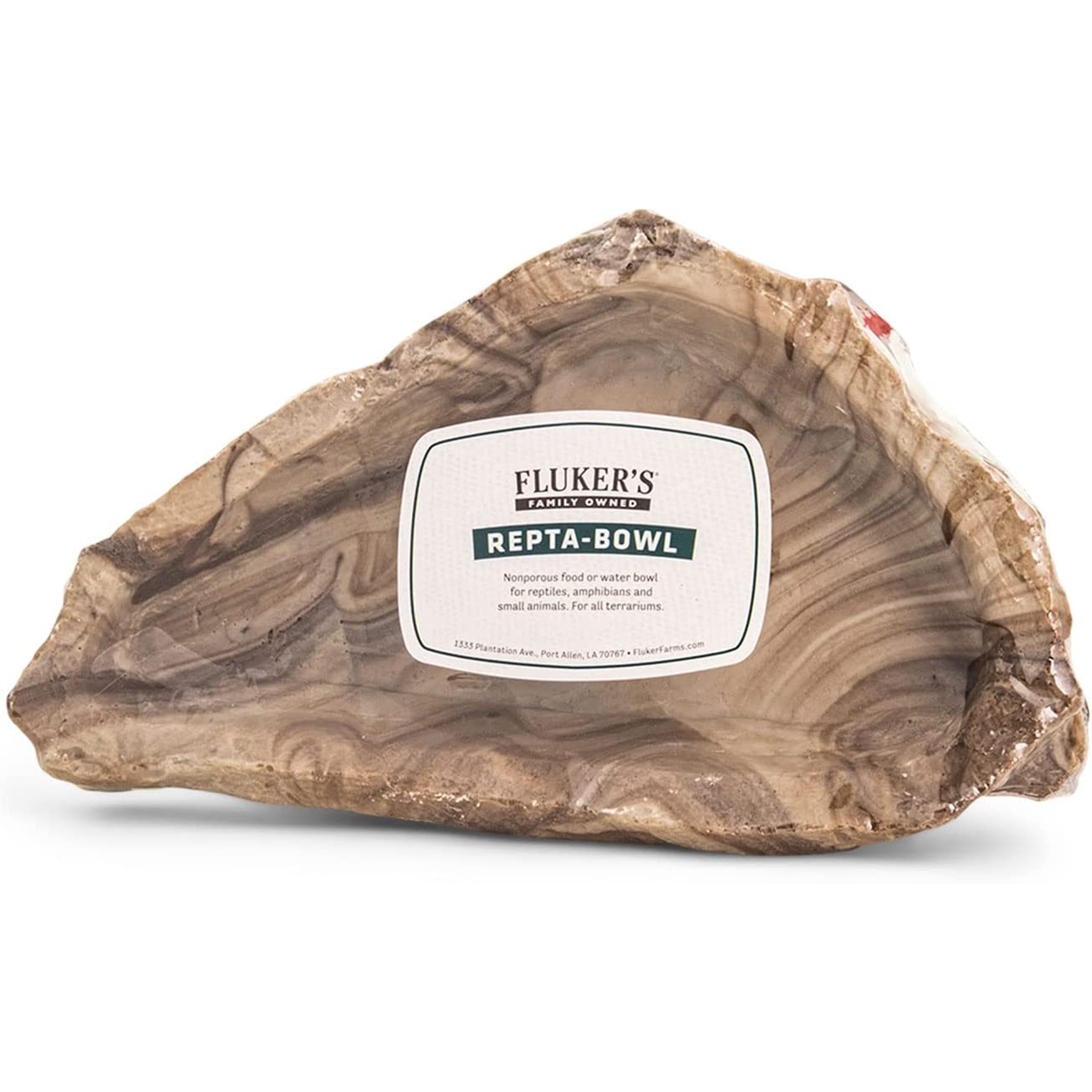 Rugged rock with a white label reading Fluker's Repta-Bowl, a nonporous food and water bowl for reptiles.