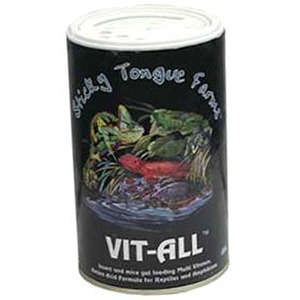 Canned product labeled VIT-ALL with a colorful fish illustration on a dark label.