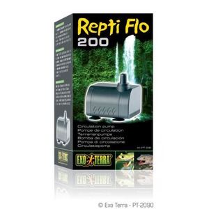 Box for Exo Terra Repti Flo 200 water pump with a waterfall background and the pump unit.