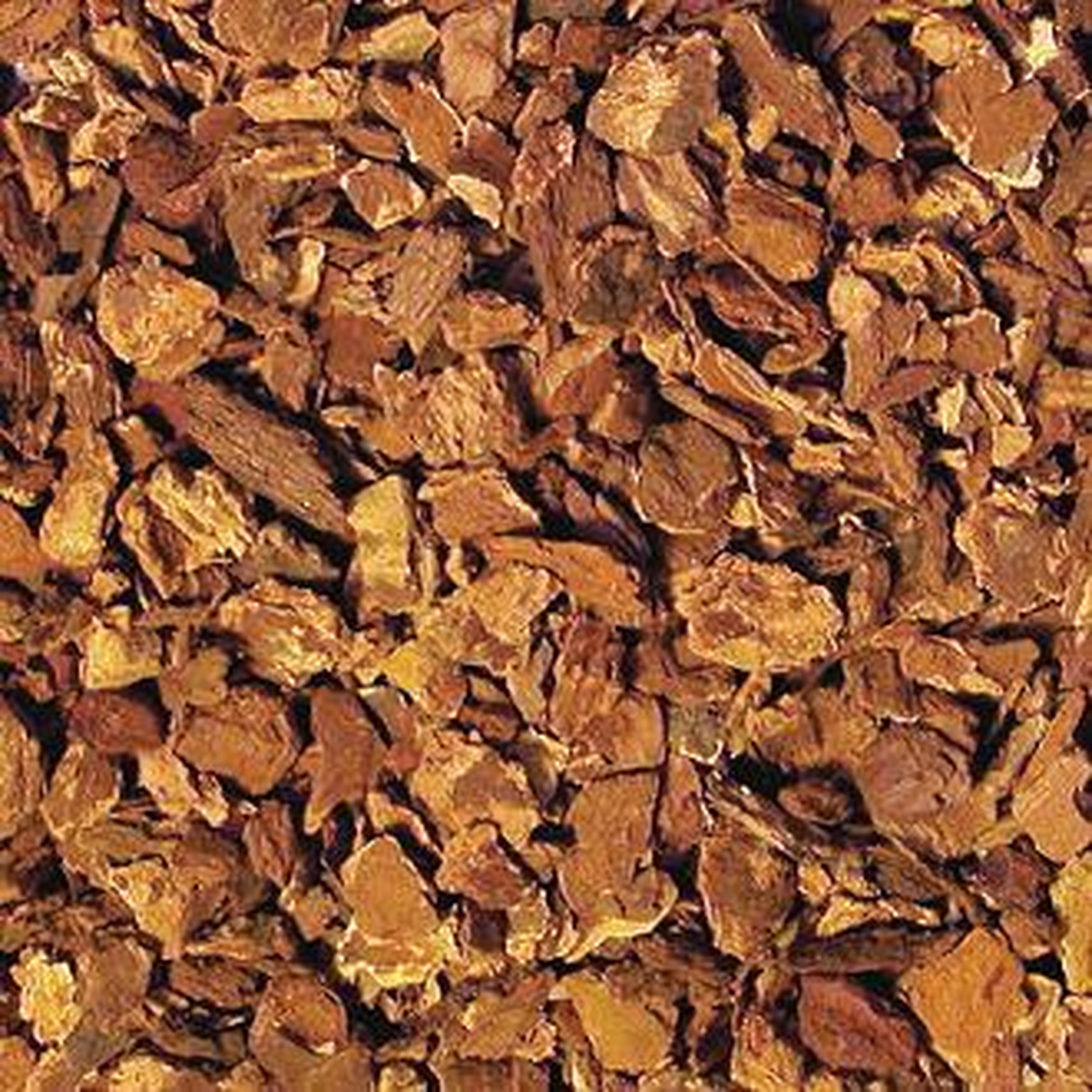 Close-up of brown wood mulch bark chips scattered densely.