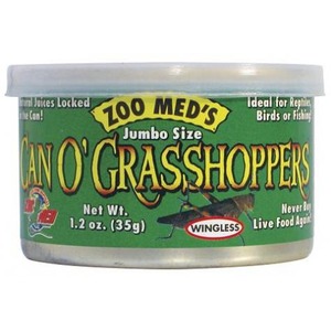Green container labeled "Can O' Grasshoppers" Jumbo Size insect food for reptiles and birds.