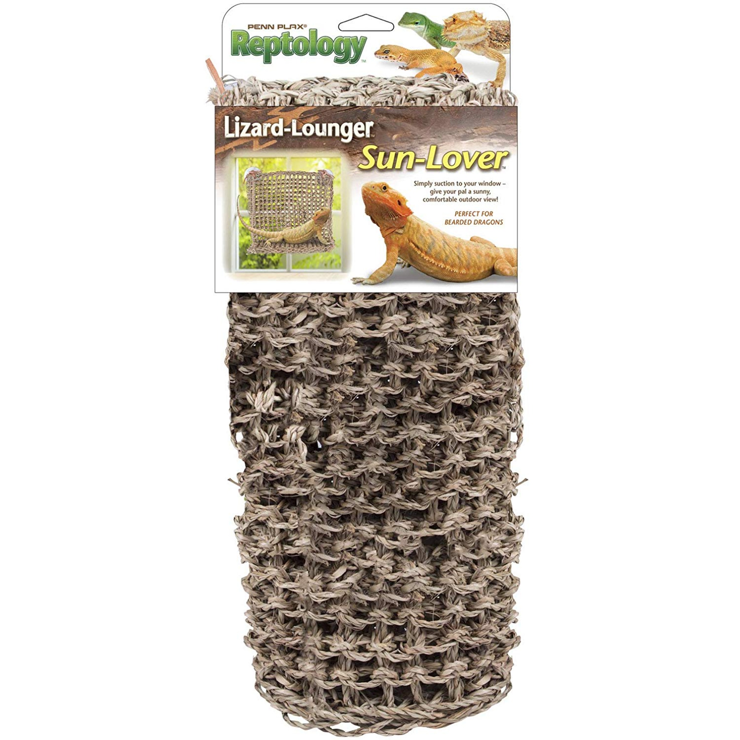 Lizard-Lounge Sun-Lover reptile hammock, woven brown material with packaging showing lizards.