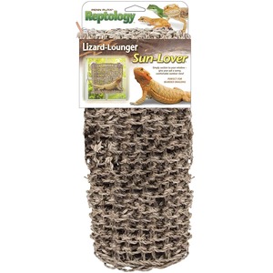 Lizard-Lounge Sun-Lover reptile hammock, woven brown material with packaging showing lizards.