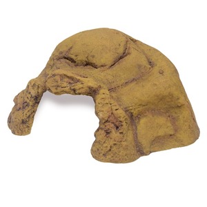 Brown clay sculpture of a camel-like figure with a rounded back and bent legs.