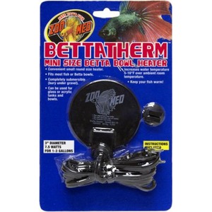 Zoo Med Bettatherm mini heater for Betta bowls, blue packaging with cord and instructions.