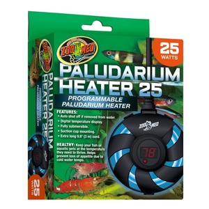 Zoo Med Paludarium Heater 25W in green packaging with digital display and fish graphics.