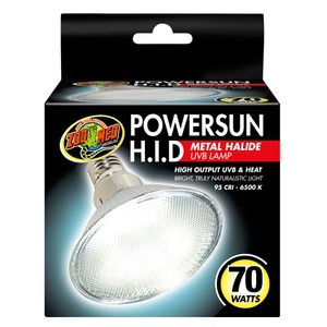 Zoo Med Powersun H.I.D. metal halide UVB lamp packaging with a large reflector bulb and a 70W label.